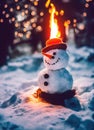 AI generated illustration of a little snowman with a burning hat against the bokeh lights