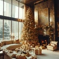 AI-generated illustration of a living room decorated for Christmas with presents around the tree