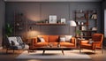 AI-generated illustration of a living room featuring a stylish orange leather sofa and armchairs Royalty Free Stock Photo