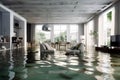 AI generated illustration of a living room flooded with water from a leak in the roof