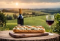 AI generated illustration of a loaf of bread with cheese and a glass of wine Royalty Free Stock Photo