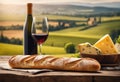 AI generated illustration of a loaf of bread with cheese and a glass of wine Royalty Free Stock Photo