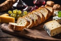 AI generated illustration of a loaf of bread with cheese and a glass of wine Royalty Free Stock Photo