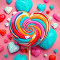 AI generated illustration of a lollipop standing out amongst a vast array of heart-shaped candy