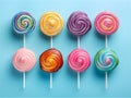 AI-generated illustration of lollipops of assorted colors arranged on a vibrant blue background