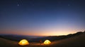 a man standing in the night outside his tent, looking at the stars