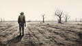 AI generated illustration of a lone male figure walking in a barren field in grayscale