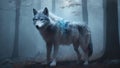 a wolf is in the dark forest with fog surrounding it