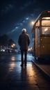 AI-generated illustration of a lonely elderly man waiting for the bus