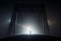 AI-generated illustration of a lonely figure walking on a foggy bridge at night