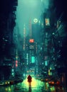 AI generated illustration of a lonely girl walking the streets of a cyberpunk city on a raiy night