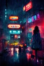 AI generated illustration of a lonely girl walking the streets of a cyberpunk city on a raiy night