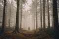 AI generated illustration of a lonely person walking through a mysterious, fog-shrouded forest