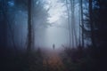 AI generated illustration of a lonely person walking through a mysterious, fog-shrouded forest