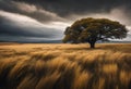 AI generated illustration of a lonely tree in a golden wheat field with dark stormy skies above Royalty Free Stock Photo
