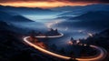 AI generated illustration of a long winding mountain road illuminated by the headlights Royalty Free Stock Photo