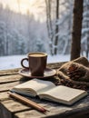 Looking out on a snowy, wintery scenery with a book and warm drink Royalty Free Stock Photo