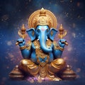 Blue Lord ganesh with golden crown on his head.