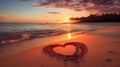 AI generated illustration of a love heart in the sand on a tropical beach at sunset Royalty Free Stock Photo