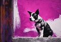 AI generated illustration of a loyal canine companion in front of a deep purple painted window Royalty Free Stock Photo