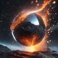 AI generated illustration of a luminous sphere enveloped in swirling orange and black smoke Royalty Free Stock Photo