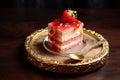 a piece of layered cake sits on a small gold plate