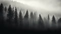 AI-generated illustration of a lush forest of tall evergreen trees is shrouded in mysterious fog