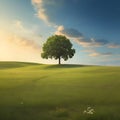 AI generated illustration of lush green grass field with a solitary tree Royalty Free Stock Photo