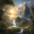 AI generated illustration of a lush tropical island landscape with a majestic waterfall Royalty Free Stock Photo