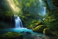 AI generated illustration of a lush woodland setting, featuring a waterfall