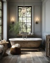 AI generated illustration of luxurious bathroom features a stunning wooden bathtub Royalty Free Stock Photo