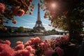 AI generated illustration of a luxurious pink flower bed in front of the iconic Eiffel Tower Royalty Free Stock Photo
