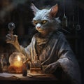 AI generated illustration of a lykoi cat as a potion master meticulously mixing elixirs