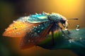 AI generated illustration of a macro of a fly on a leaf covered in water droplets Royalty Free Stock Photo