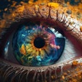 AI-generated illustration of a macro human eye with a vibrant and colorful abstract paint design. Royalty Free Stock Photo