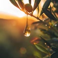 A macro shot showcases a drop of olive oil on an olive branch