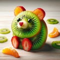 AI generated illustration of a macro shot of a smiling fruit sliced in animal shapes