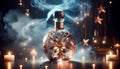 AI generated illustration of a magic potion surrounded by lit candles, emitting a smoky aroma