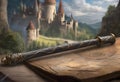 AI generated illustration of a magic wand resting on a table beside an ancient tome Royalty Free Stock Photo