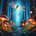 AI generated illustration of a magical dragonfly flies over a village of mushroom houses at night Royalty Free Stock Photo