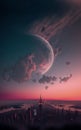 AI generated illustration of magical moon and pink sky over the New York city Royalty Free Stock Photo