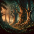 AI generated illustration of a magical nighttime scene featuring a lush forest