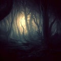 AI generated illustration of a magical scene of a dark and mysterious forest with a ray of sunshine Royalty Free Stock Photo