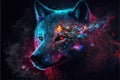 AI-generated illustration of a magical wolf with red eyes isolated on a smoky black background