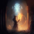 AI generated illustration of a magician with a lantern standing under an arch