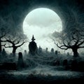 AI generated illustration of a magician standing in a graveyard in front of the moon Royalty Free Stock Photo