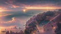 AI generated illustration of a magnificent sunset, with fluffy clouds