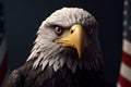 AI generated illustration of a majestic bald eagle in front of a waving American Flag