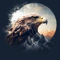 a bald eagle looking at the moon from behind a snow - capped mountain Royalty Free Stock Photo