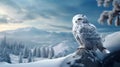 AI generated illustration of a bald eagle on a rocky outcrop in front of a snow-capped mountain Royalty Free Stock Photo